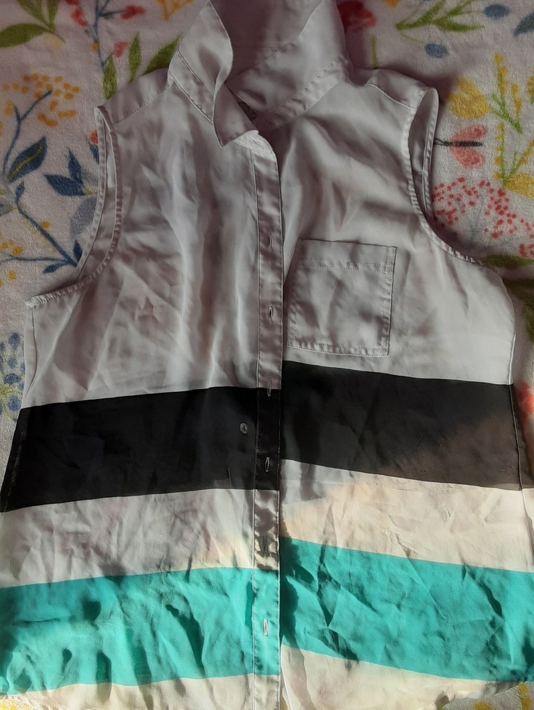 A white & Black & Blue sheer button up tank top